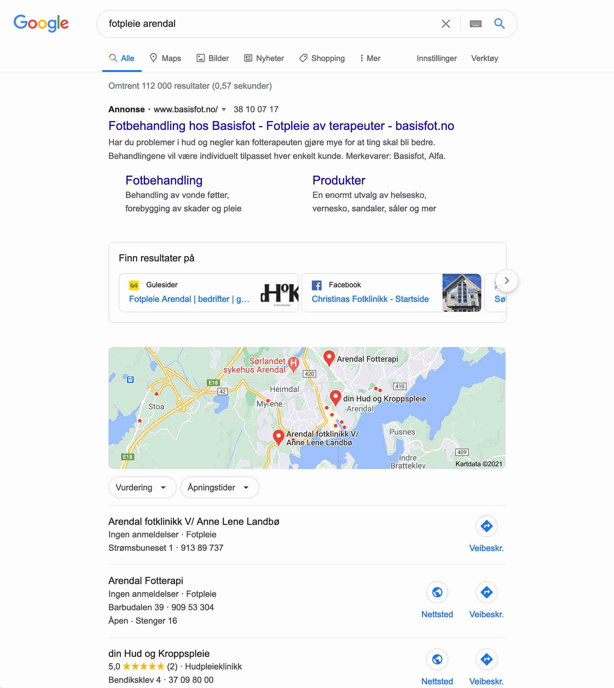 Arendal fotterapi søkeresultater på Google